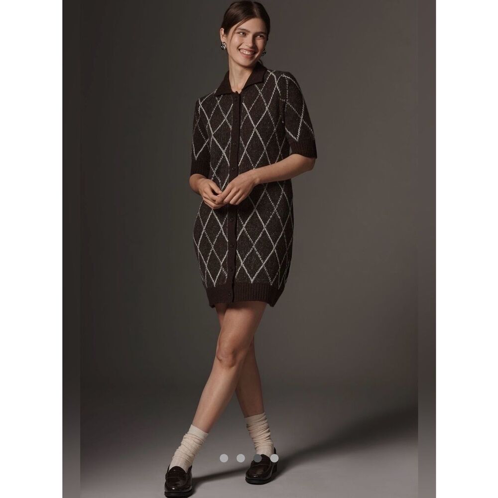 Anthropologie Brown Diamond Patterned Knit Rhinestone Sweater Shift Dress S NWT